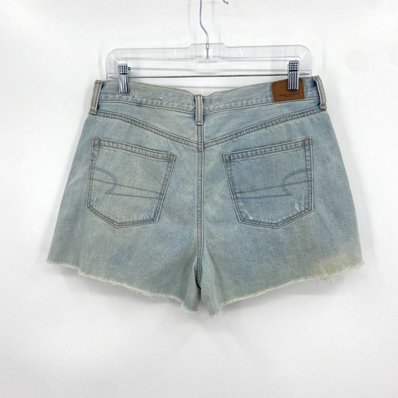AMERICAN EAGLE Blue Denim High Rise Lace Distressed Jean Shorts Size 10 - Picture 2 of 7